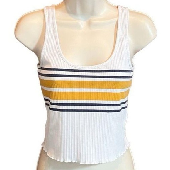 PacSun Cropped Ribbed Scoop Neck Stripe Tank Top White Yellow Blue Small - Picture 6 of 7